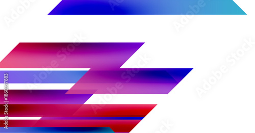 Abstract design features vibrant layered rectangles. Colors transition from blue, purple, pink, to red. Minimalist composition with white space dominates.