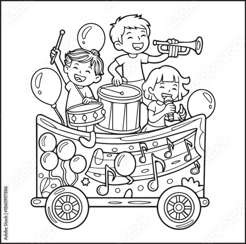 Musician coloring page for kids, Cute children enjoy music black line art vector illustration doodle coloring book for relaxing