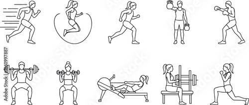 Fitness workout exercise illustration set, running, jumping rope, weightlifting, kettlebell training, gym routine, cardio and strength training, healthy lifestyle sports, outline vector