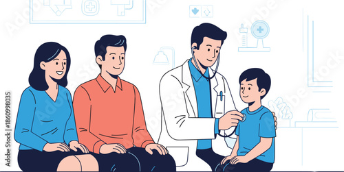 Friendly pediatric doctor checking child with stethoscope, happy parents at clinic visit, family healthcare consultation, medical examination, hospital appointment illustration
