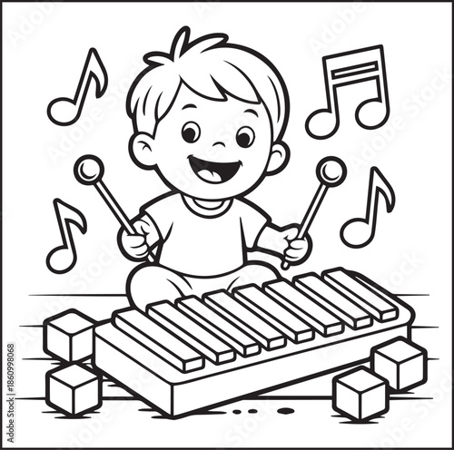 Musician coloring page for kids, Cute boy enjoy music black line art vector illustration doodle coloring book for relaxing