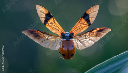 Close-up of a ladybug flying with transparent, patterned wings.