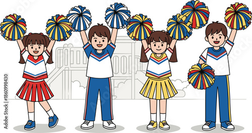 Happy children cheerleading team illustration with pom poms, boys and girls performing routine, school spirit, sports celebration, joyful teamwork and fun