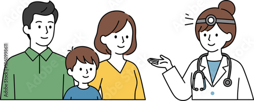 Happy family consulting friendly female doctor, child healthcare support, medical checkup, clinic visit, trust, care, wellness protection illustration concept for health insurance