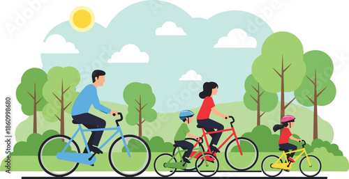 Happy family cycling together in park, healthy outdoor lifestyle, parents and kids riding bicycles, nature scenery, summer activity, fitness and fun