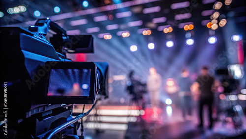 News studio blurred behind video camera concept. Professional studio setup with cameras and vibrant lighting.