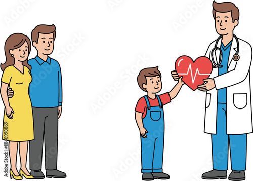 Happy family visiting doctor, young boy receiving heart health care support, medical trust and love, child wellness, hospital consultation, friendly healthcare illustration