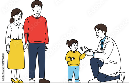 Happy family visiting pediatric doctor, child receiving friendly medical consultation, parents watching with trust, healthcare support, hospital checkup, preventive care illustration