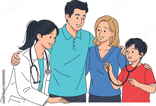 Happy family visiting friendly doctor at clinic, child playing with stethoscope during health checkup, medical care, wellness support, pediatric healthcare illustration