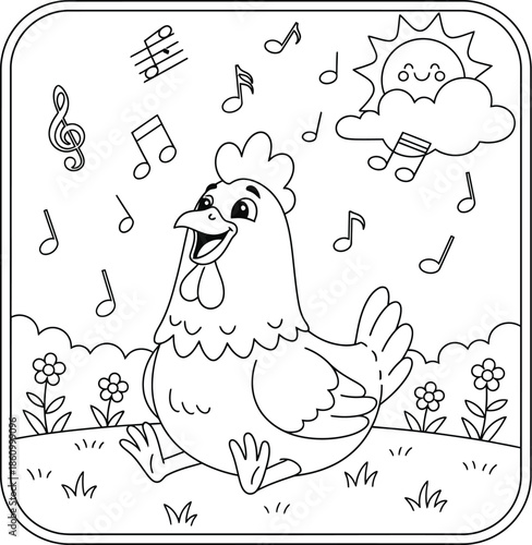 Happy Singing Cartoon Chicken with Music Notes in Nature, Black and White Line Art Illustration for Kids Coloring Book, Farm Animal Educational Activity