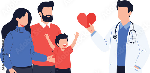 happy family with child, caring doctor holding heart symbol, healthcare support, medical consultation, wellness care, love protection, healthy lifestyle, hospital service, illustration