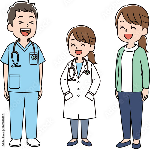 Happy medical team illustration, smiling doctors and nurse standing together in hospital, friendly healthcare professionals, teamwork support concept for clinic and medicine