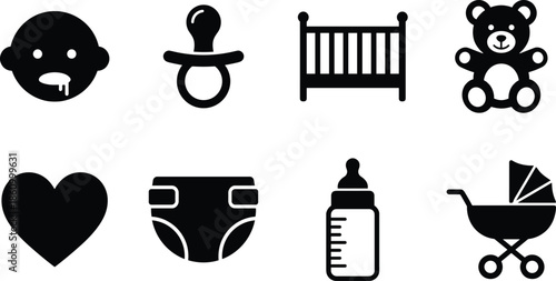Baby icon set, black vector style, infant face, pacifier, crib, teddy bear, diaper, bottle, stroller, heart
