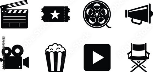 Cinema icon set, black vector style, clapperboard, movie ticket, film reel, megaphone, camera, popcorn, play button, director chair