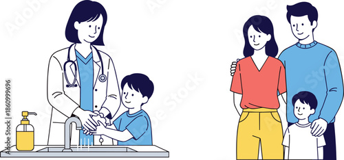 Healthcare awareness illustration, doctor helping child wash hands, hygiene education for kids, happy family protection, preventive medicine safety concept for wellness