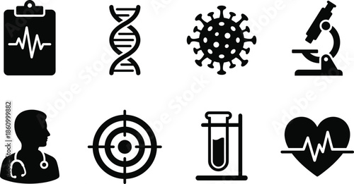 Medical icon set, black vector style, clipboard, DNA, virus, microscope, doctor, target, test tube, heart health