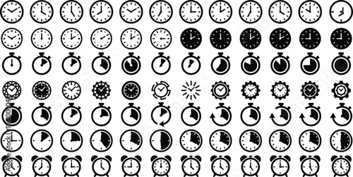 Time icon set, black vector style, analog clock, stopwatch, alarm, gear clock, loading symbol, abstract time, countdown