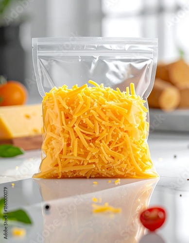 A close-up shot of a clear plastic pouch filled with shredded orange dairy product. Other food items are out of focus