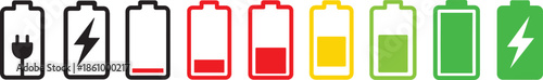 Set of vertical battery charge level indicators showing percentage in colorful vector style.