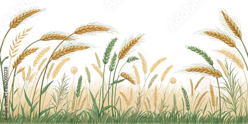 Golden wheat stalks swaying in the breeze on a sunny day