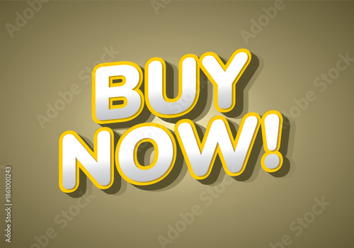 A vibrant graphic featuring the text Buy Now! in bold, three dimensional letters with yellow outline against a muted brown background.