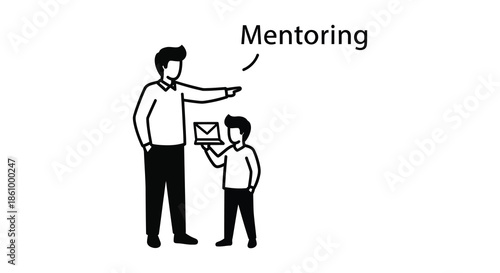 A guiding hand man mentoring a young boy with a learning device silhouette