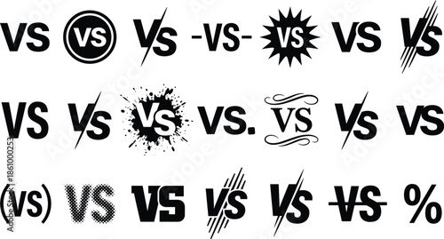 Versus icon set, black vector style, VS typography, competitive design, game battle, sports match, debate, clash, duel