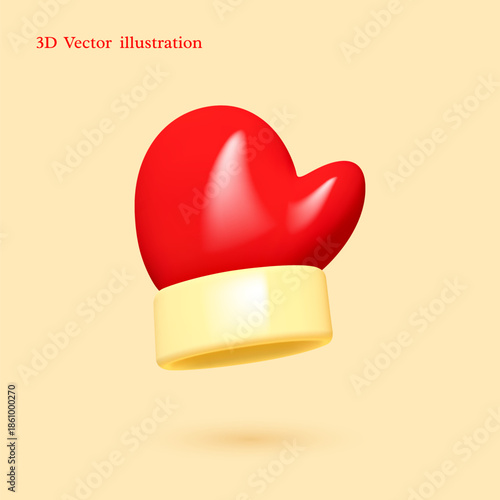 3D vector illustration of a red glossy mitt for kitchen or Christmas. Ideal for bakery menus, winter holiday designs, and cooking apps. Professional festive graphic.