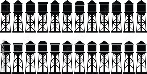 Water tower icon set, black silhouette style, structural tanks, rooftop shapes, crisscross beams, utility, infrastructure, industrial design