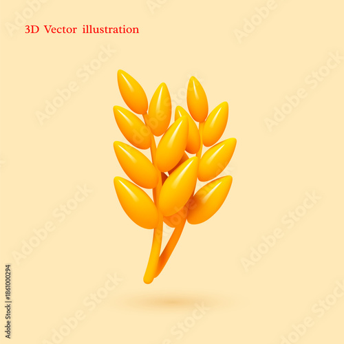 3D vector illustration of wheat grain in smooth glossy style. Perfect for bakery branding, organic food apps, and harvest designs. Professional agricultural graphic.