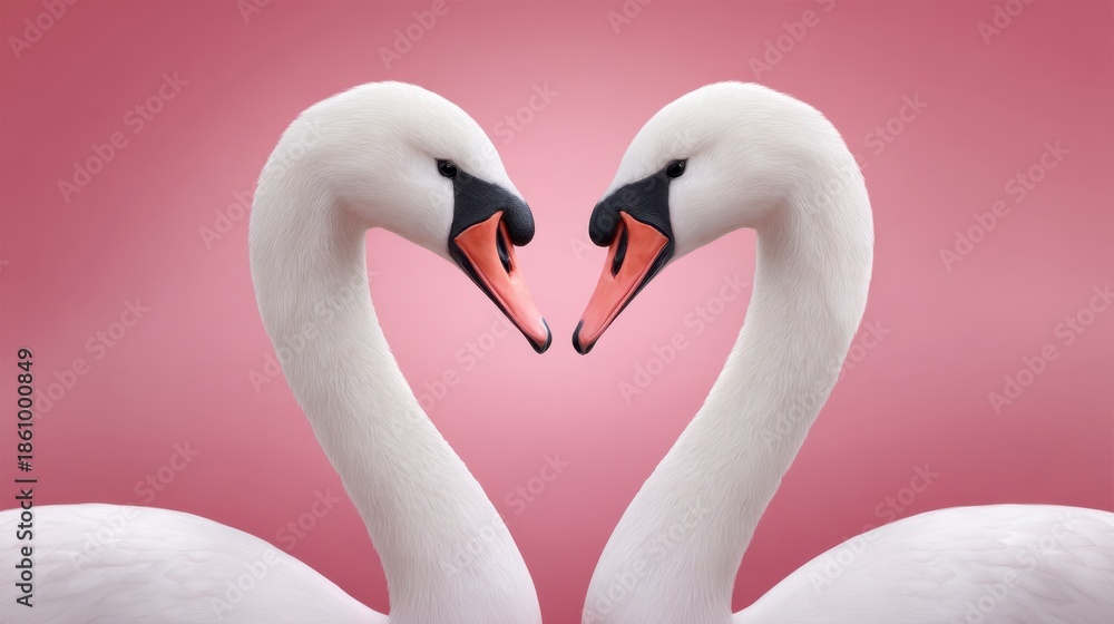 Fototapeta premium Elegant Swans Forming a Heart Shape Against a Soft Pink Background for Romantic Themes
