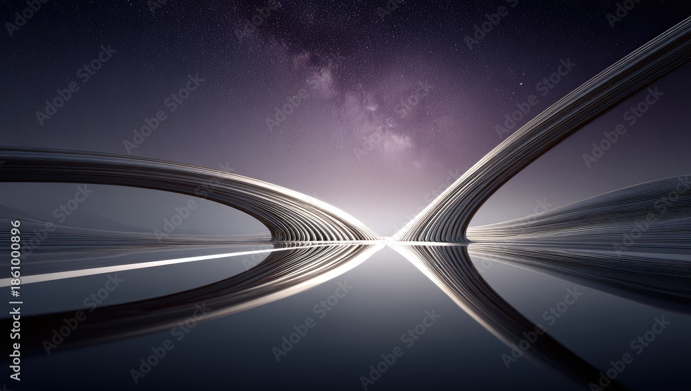 Fototapeta premium Futuristic abstract landscape with reflective surface under starry sky.