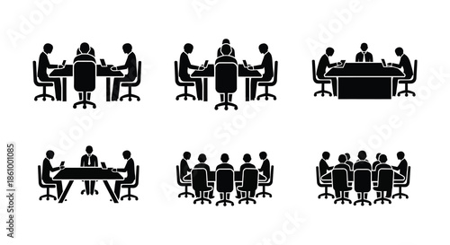Various arrangements of people seated around tables during meetings a business setting silhouette
