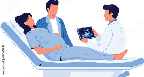pregnant woman ultrasound examination with partner, prenatal checkup, doctor showing baby scan, maternity healthcare visit, pregnancy monitoring, family expecting baby illustration