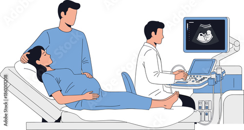 Pregnant woman undergoing prenatal ultrasound scan with partner support, doctor using modern sonography equipment, maternity healthcare consultation, pregnancy checkup illustration