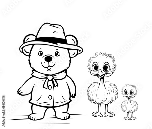 Cute bear with emu birds line art for kids coloring book or comics , vector illustration design.