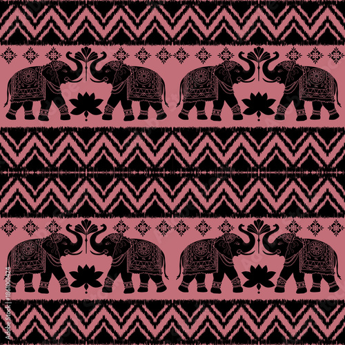 Seamless Tribal Elephant Pattern in Black and Pink, Ethnic Boho Style. Seamless repeating pattern featuring decorative elephants, lotus flowers, and zigzag tribal motifs in black and dusty pink tones.