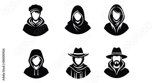 collection of diverse headwear styles depicted in striking black and white silhouettes