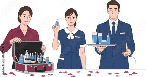 Professional spa staff presenting skincare and cosmetic products, beauty service team showcasing bottles and creams, luxury wellness and salon promotion illustration