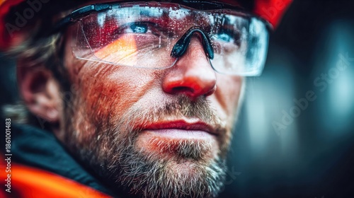 Serious construction worker with safety glasses looking into the distance.