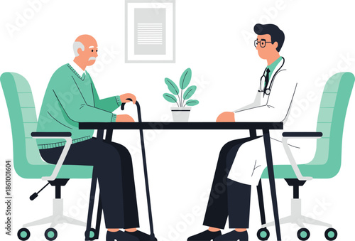 Senior patient consulting doctor in clinic, medical checkup and healthcare advice, elderly care support, professional physician appointment illustration, hospital visit concept
