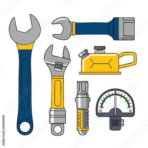 A set of colorful cartoon tools, including wrenches and a pressure gauge, arranged in a cute and organized manner against a clean white background.