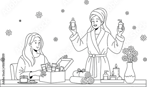 Women enjoying spa beauty products, self care wellness routine, relaxing skincare treatment, aromatherapy, candles, towels, peaceful relaxation, happiness, lifestyle illustration