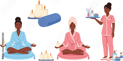Women relaxing in spa meditation session, peaceful self care wellness routine, candles aromatherapy, beauty treatment, calm mind body relaxation illustration