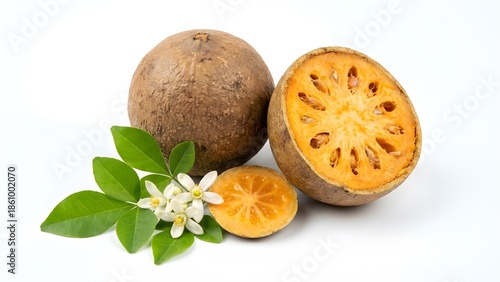 Wood Apple Fruit With Leaves and Flowers on White Background