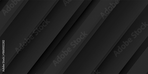 Black abstract background design. Modern wavy line pattern (guilloche curves) in monochrome colors. Premium stripe texture for banner, business backdrop. Dark horizontal vector template