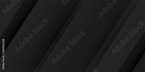Black abstract background design. Modern wavy line pattern (guilloche curves) in monochrome colors. Premium stripe texture for banner, business backdrop. Dark horizontal vector template