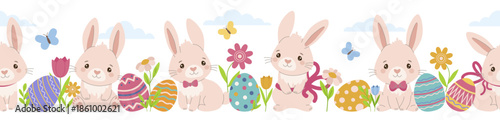 Adorable vector illustration seamless pattern of cute bunnies surrounded by colorful decorated Easter eggs, butterflies, and flowers. Perfect for festive designs, crafts, and holiday cards.
