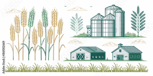 Farm scene with barns and silos amidst wheat fields