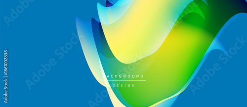 Abstract fluid shapes blend vibrant blues, yellows, greens. Modern design suggests movement, energy, dynamic composition. Background text reads background design.